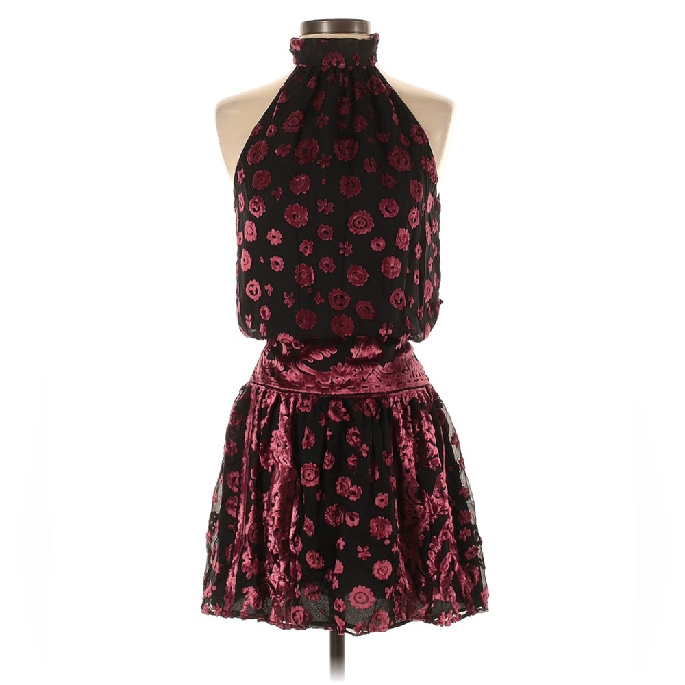 Ramy Brook Naima Pink/Black Velvet Floral Burnout Halter Mini Dress‎ Sz XS